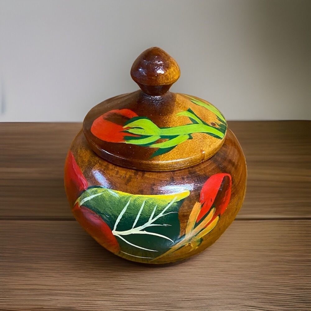 Vintage Wooden Norge Trinket Box Bowl with Lid Norwegian Hand Painted Dish